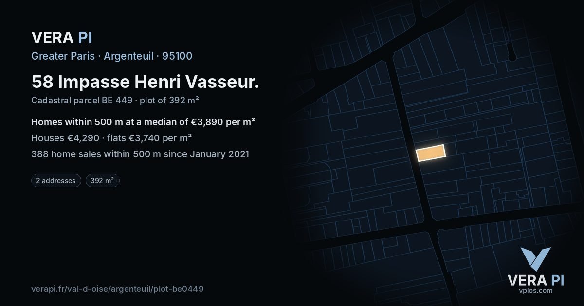 58 Impasse Henri Vasseur, Argenteuil at night – the plot lit, the parcels around coloured by the prices near them