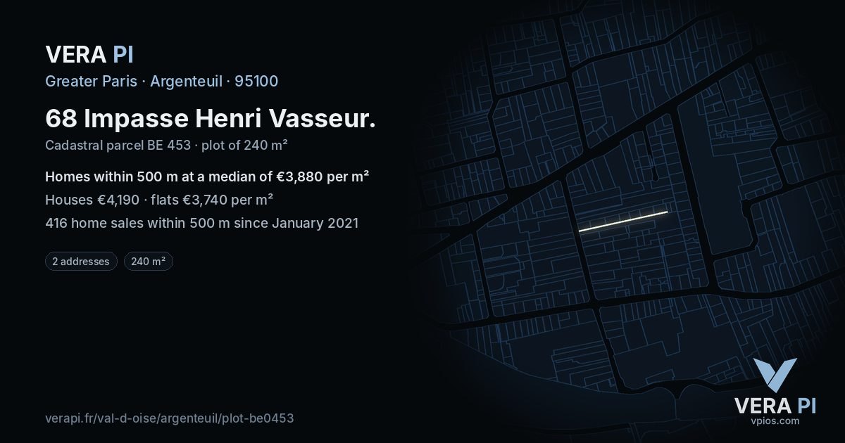 68 Impasse Henri Vasseur, Argenteuil at night – the plot lit, the parcels around coloured by the prices near them