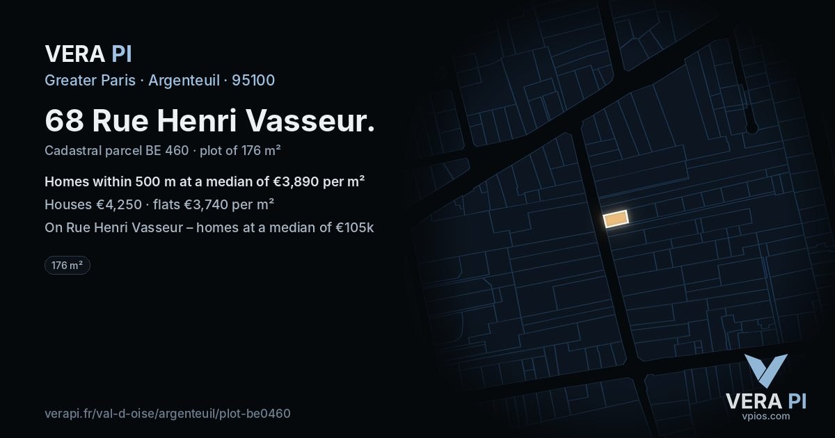 68 Rue Henri Vasseur, Argenteuil at night – the plot lit, the parcels around coloured by the prices near them