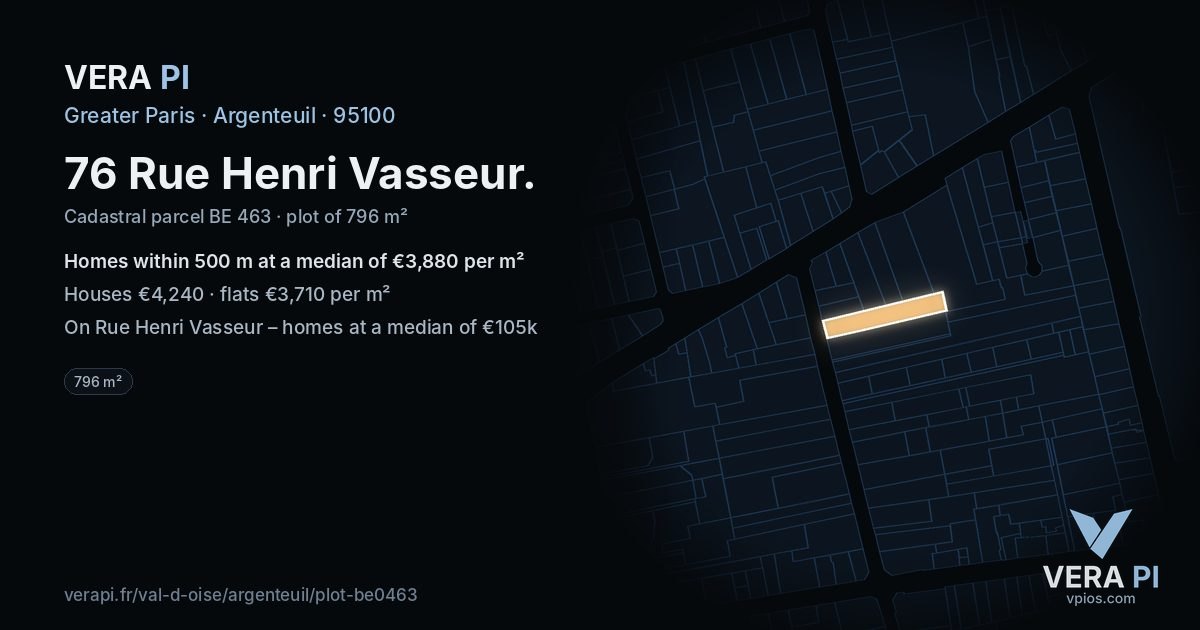 76 Rue Henri Vasseur, Argenteuil at night – the plot lit, the parcels around coloured by the prices near them