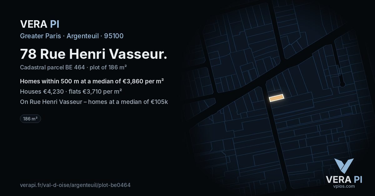 78 Rue Henri Vasseur, Argenteuil at night – the plot lit, the parcels around coloured by the prices near them
