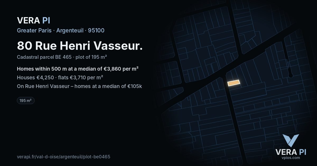 80 Rue Henri Vasseur, Argenteuil at night – the plot lit, the parcels around coloured by the prices near them