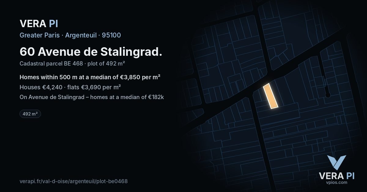 60 Avenue de Stalingrad, Argenteuil at night – the plot lit, the parcels around coloured by the prices near them