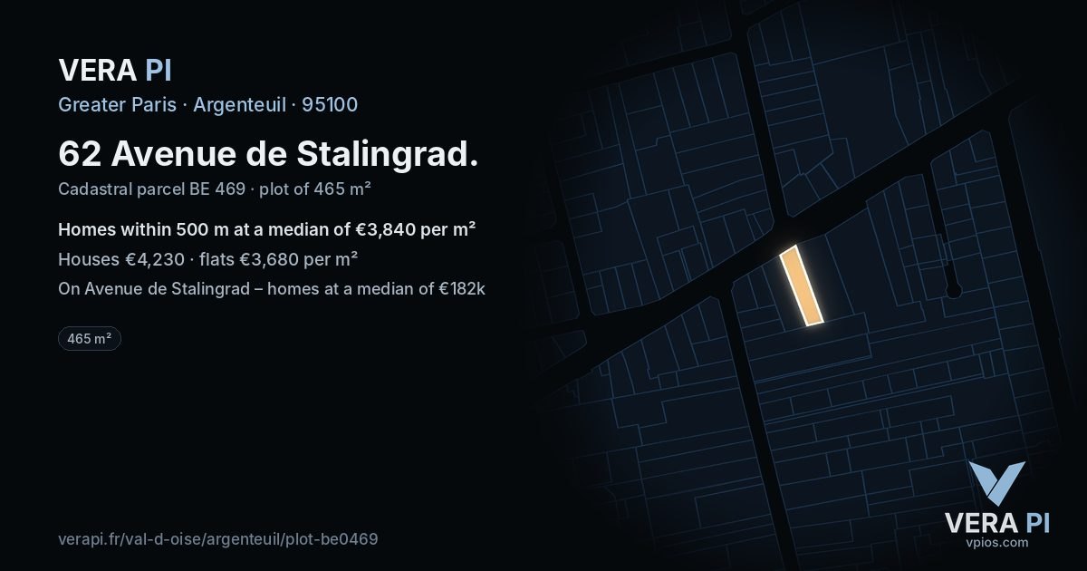 62 Avenue de Stalingrad, Argenteuil at night – the plot lit, the parcels around coloured by the prices near them