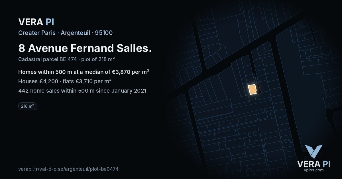 8 Avenue Fernand Salles, Argenteuil at night – the plot lit, the parcels around coloured by the prices near them