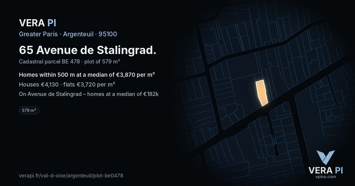 65 Avenue de Stalingrad, Argenteuil at night – the plot lit, the parcels around coloured by the prices near them