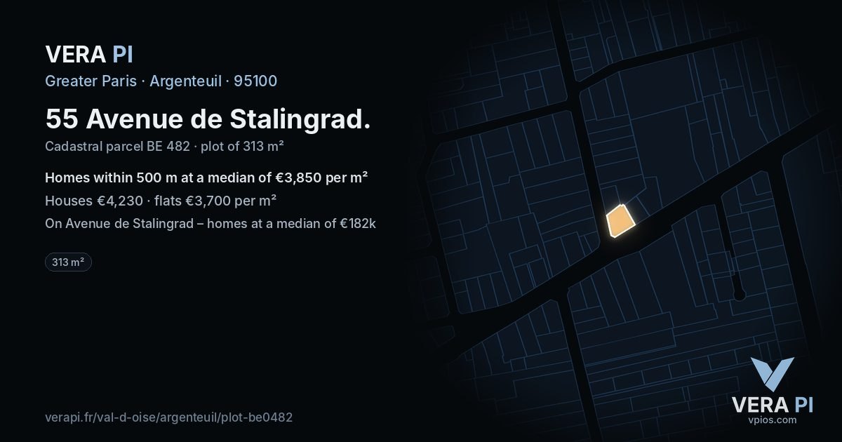 55 Avenue de Stalingrad, Argenteuil at night – the plot lit, the parcels around coloured by the prices near them