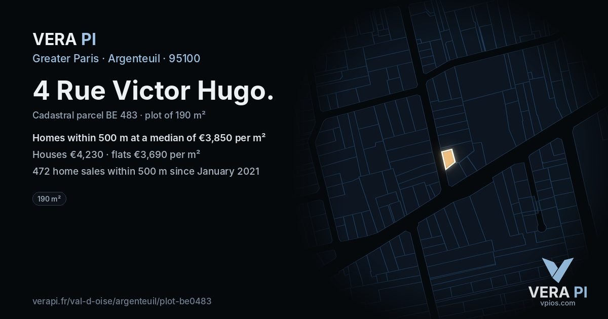 4 Rue Victor Hugo, Argenteuil at night – the plot lit, the parcels around coloured by the prices near them