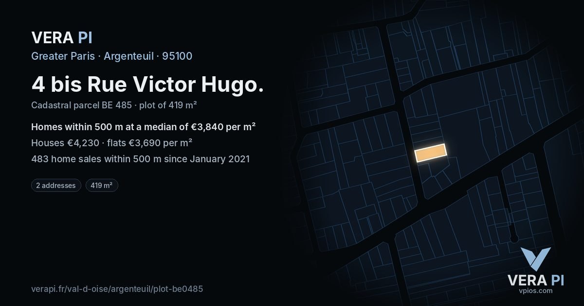4 bis Rue Victor Hugo, Argenteuil at night – the plot lit, the parcels around coloured by the prices near them