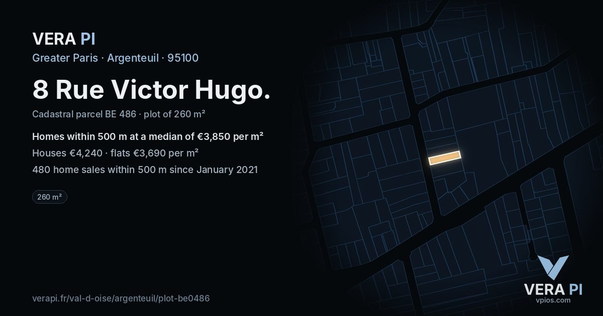 8 Rue Victor Hugo, Argenteuil at night – the plot lit, the parcels around coloured by the prices near them