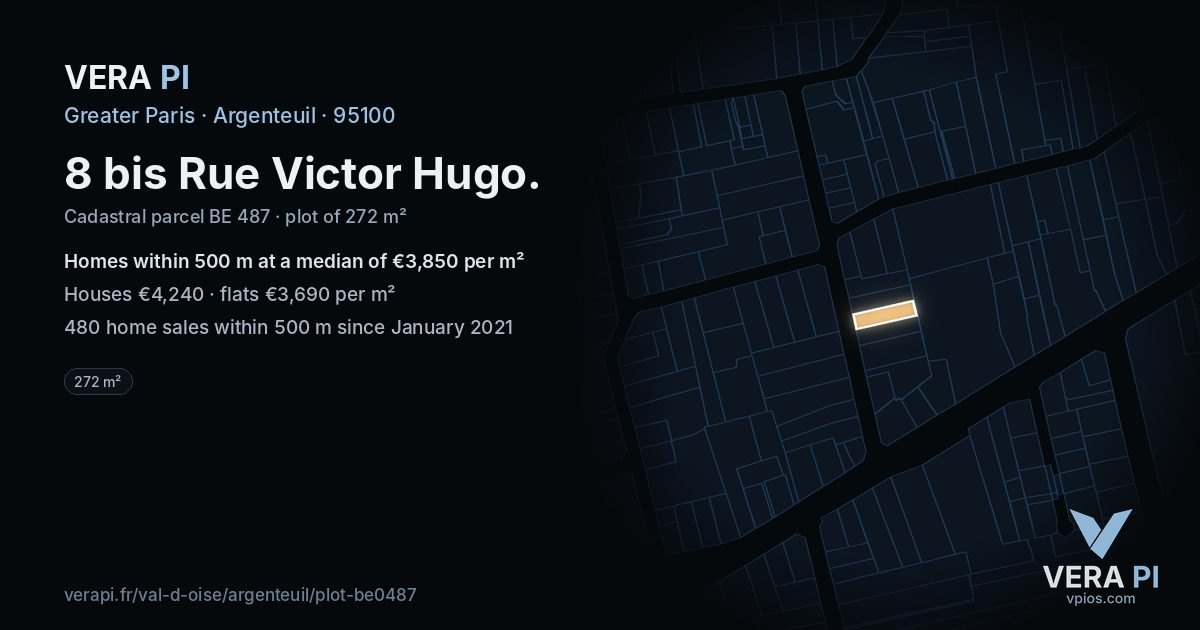 8 bis Rue Victor Hugo, Argenteuil at night – the plot lit, the parcels around coloured by the prices near them
