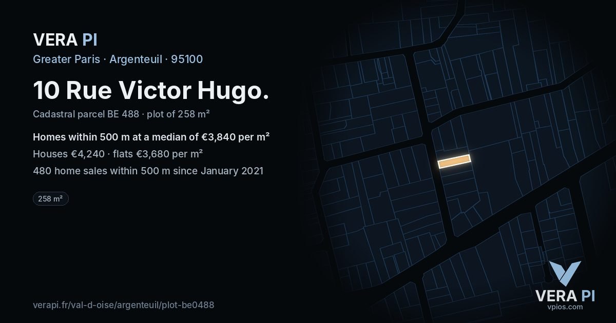 10 Rue Victor Hugo, Argenteuil at night – the plot lit, the parcels around coloured by the prices near them