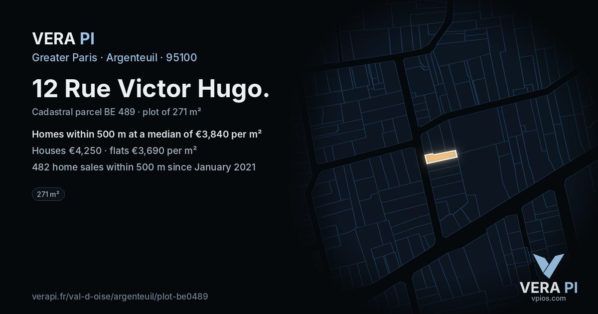 12 Rue Victor Hugo, Argenteuil at night – the plot lit, the parcels around coloured by the prices near them