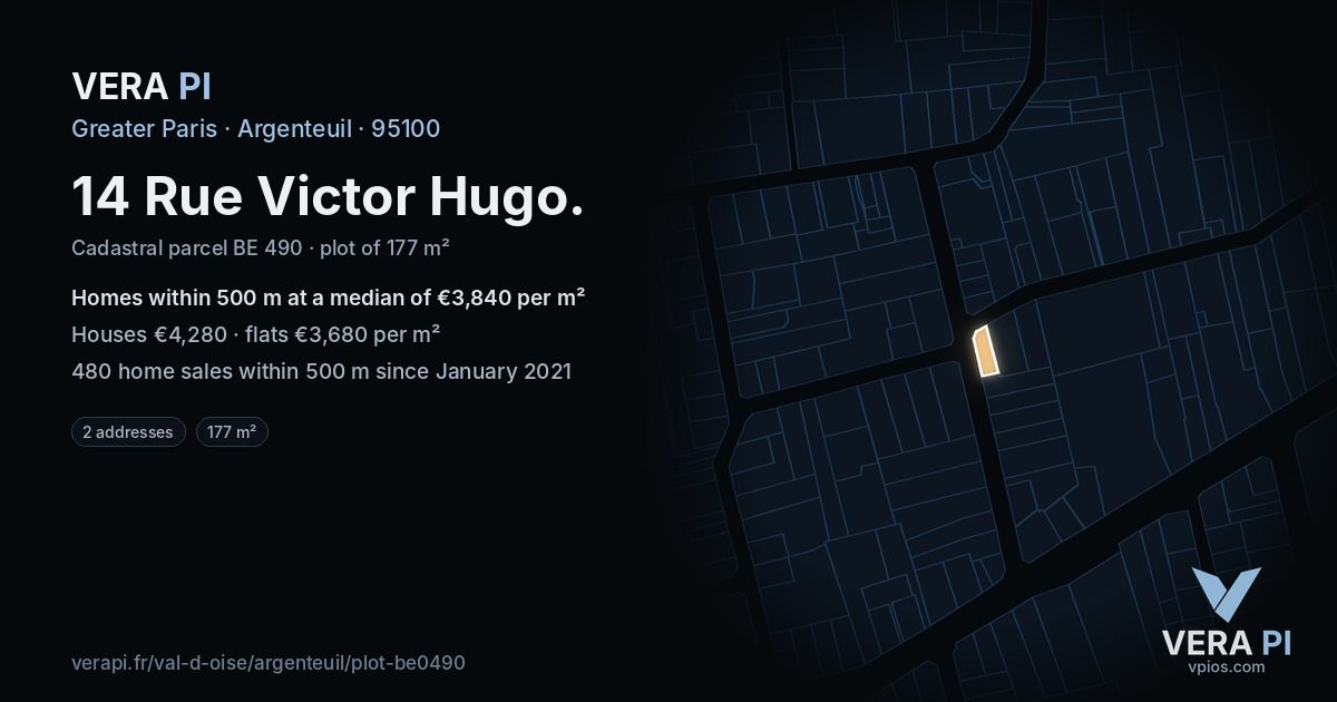 14 Rue Victor Hugo, Argenteuil at night – the plot lit, the parcels around coloured by the prices near them