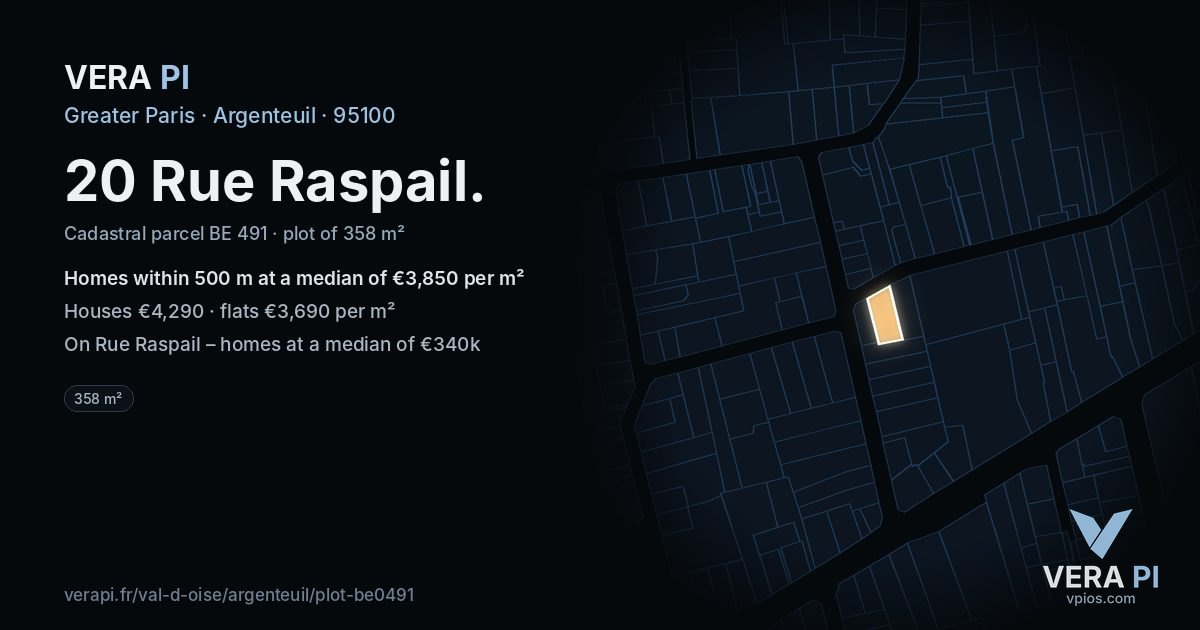 20 Rue Raspail, Argenteuil at night – the plot lit, the parcels around coloured by the prices near them