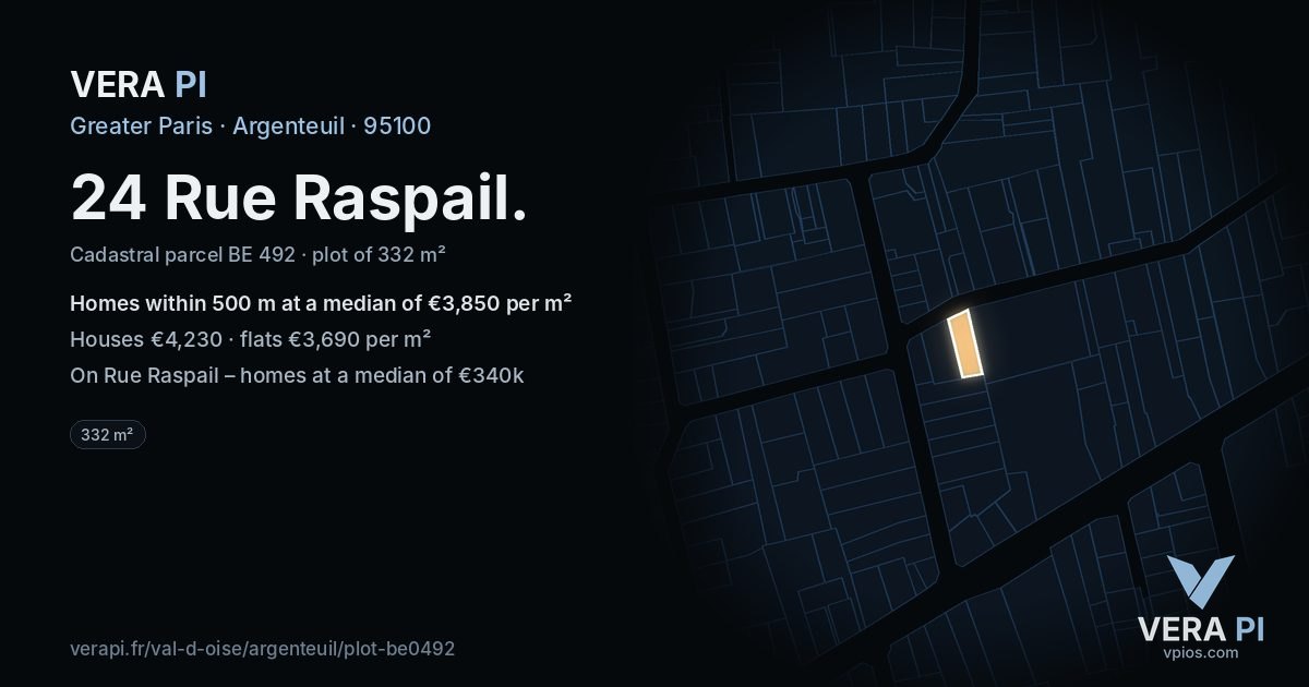 24 Rue Raspail, Argenteuil at night – the plot lit, the parcels around coloured by the prices near them