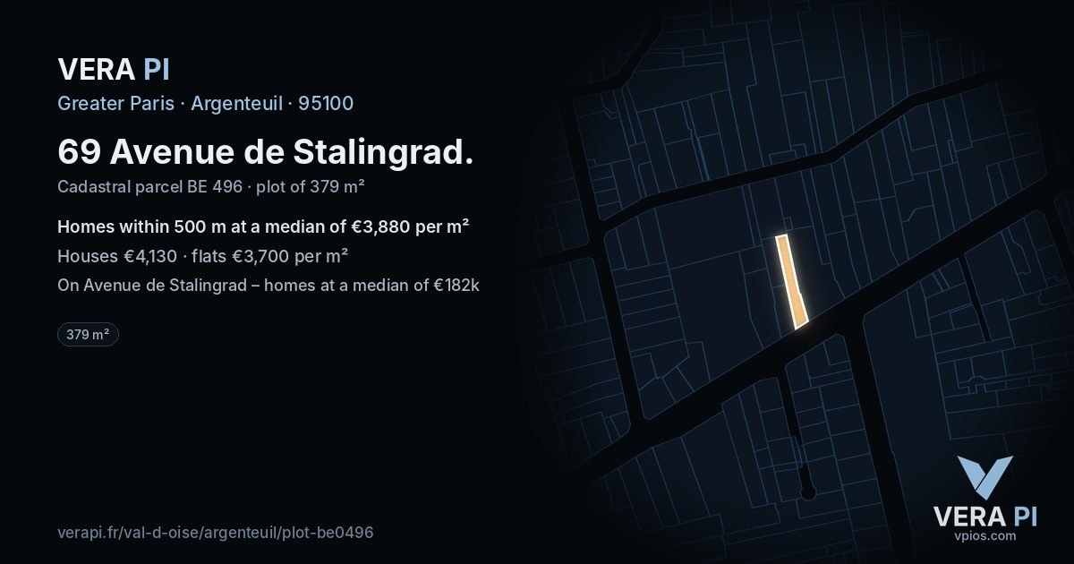 69 Avenue de Stalingrad, Argenteuil at night – the plot lit, the parcels around coloured by the prices near them