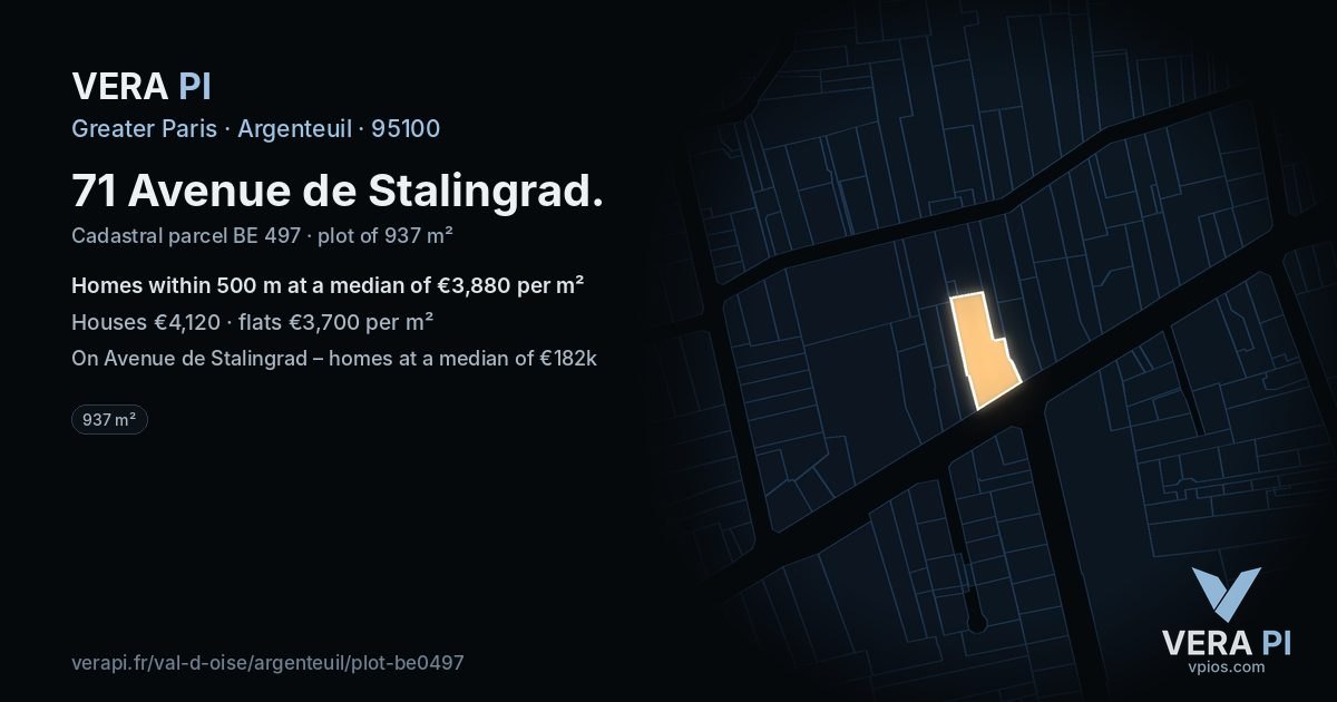 71 Avenue de Stalingrad, Argenteuil at night – the plot lit, the parcels around coloured by the prices near them
