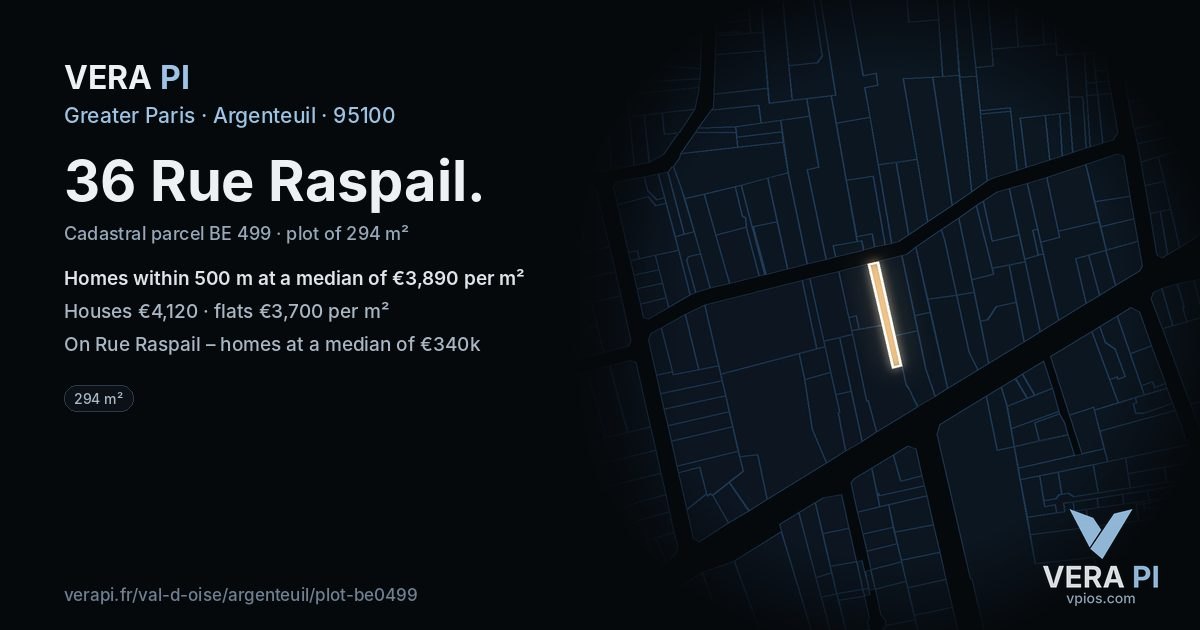 36 Rue Raspail, Argenteuil at night – the plot lit, the parcels around coloured by the prices near them