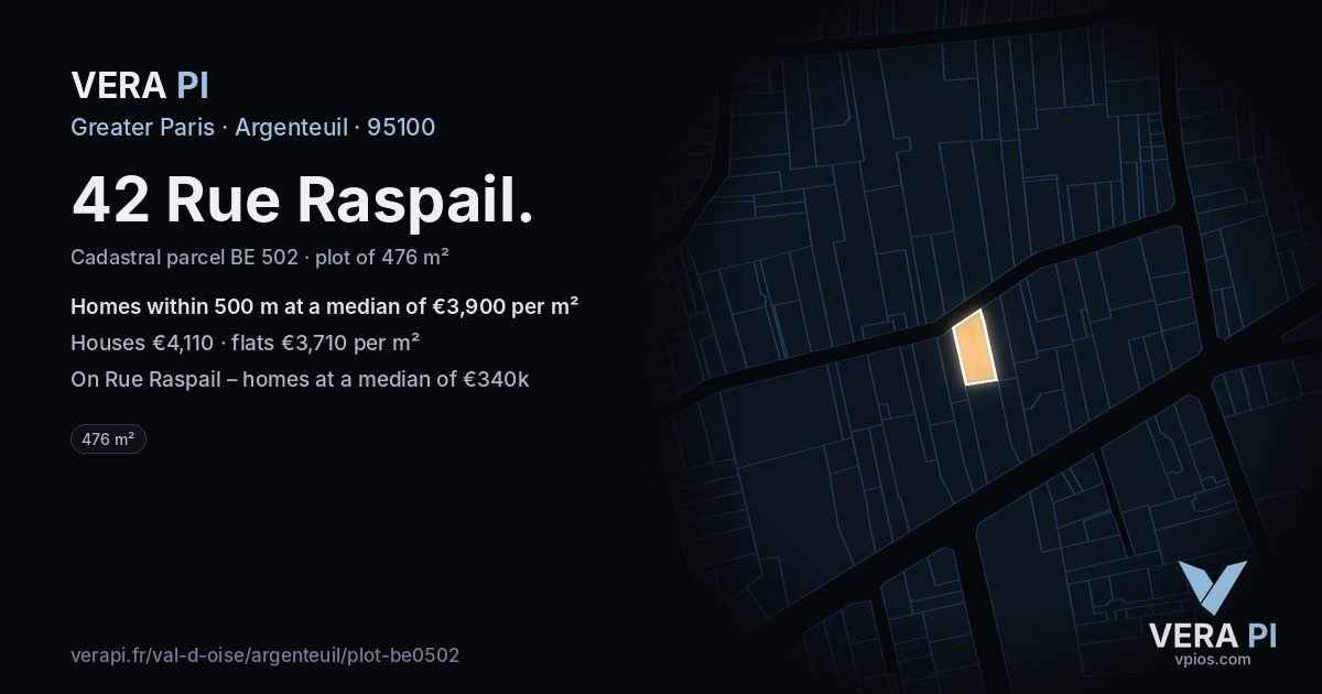 42 Rue Raspail, Argenteuil at night – the plot lit, the parcels around coloured by the prices near them
