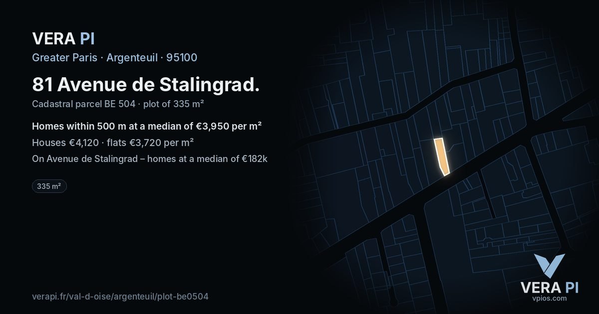 81 Avenue de Stalingrad, Argenteuil at night – the plot lit, the parcels around coloured by the prices near them