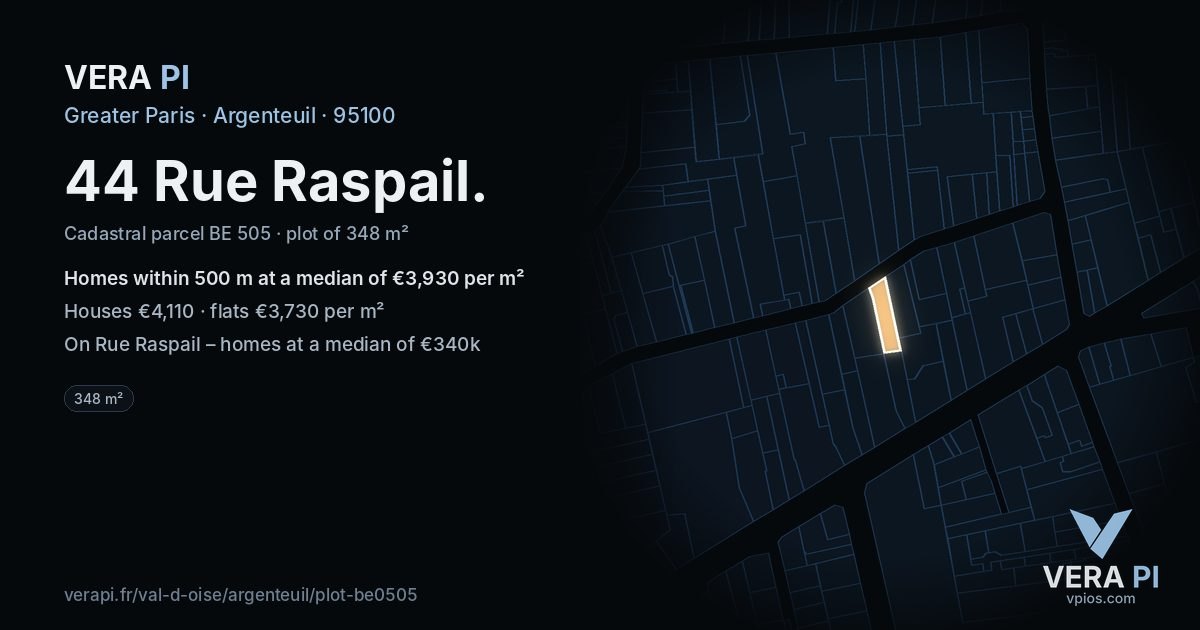 44 Rue Raspail, Argenteuil at night – the plot lit, the parcels around coloured by the prices near them