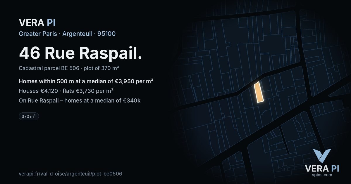 46 Rue Raspail, Argenteuil at night – the plot lit, the parcels around coloured by the prices near them