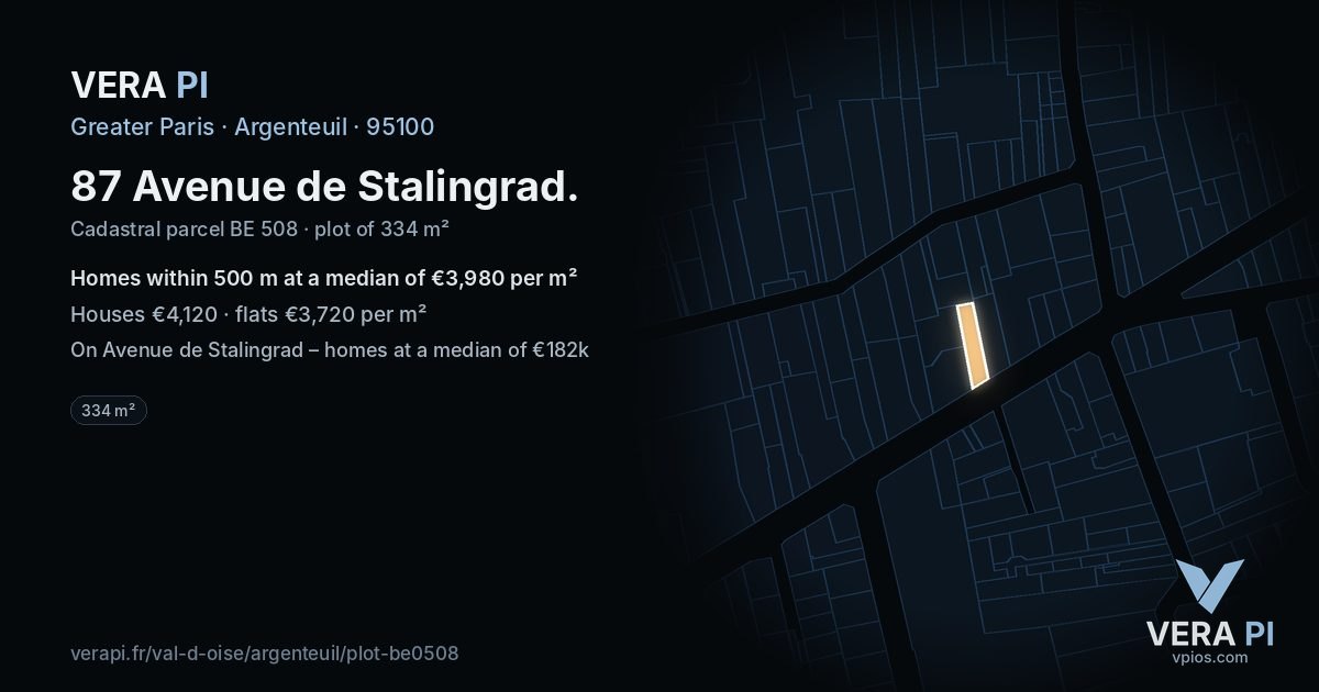 87 Avenue de Stalingrad, Argenteuil at night – the plot lit, the parcels around coloured by the prices near them