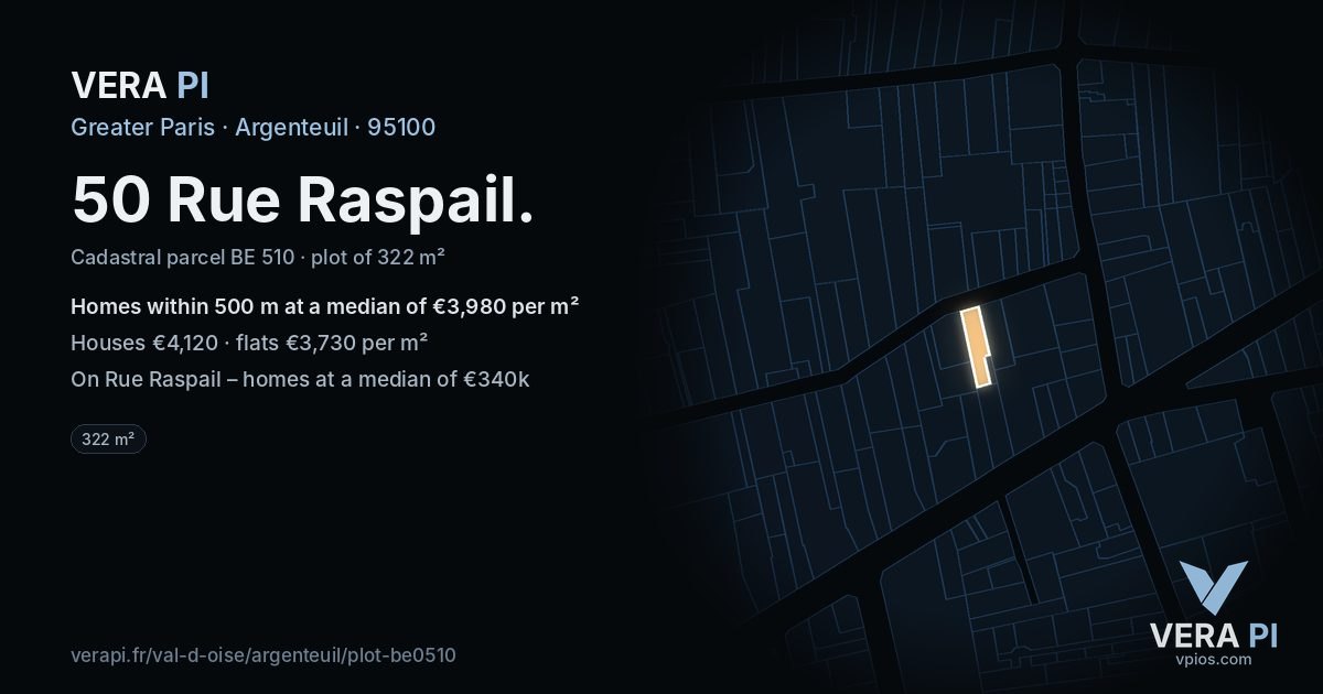 50 Rue Raspail, Argenteuil at night – the plot lit, the parcels around coloured by the prices near them