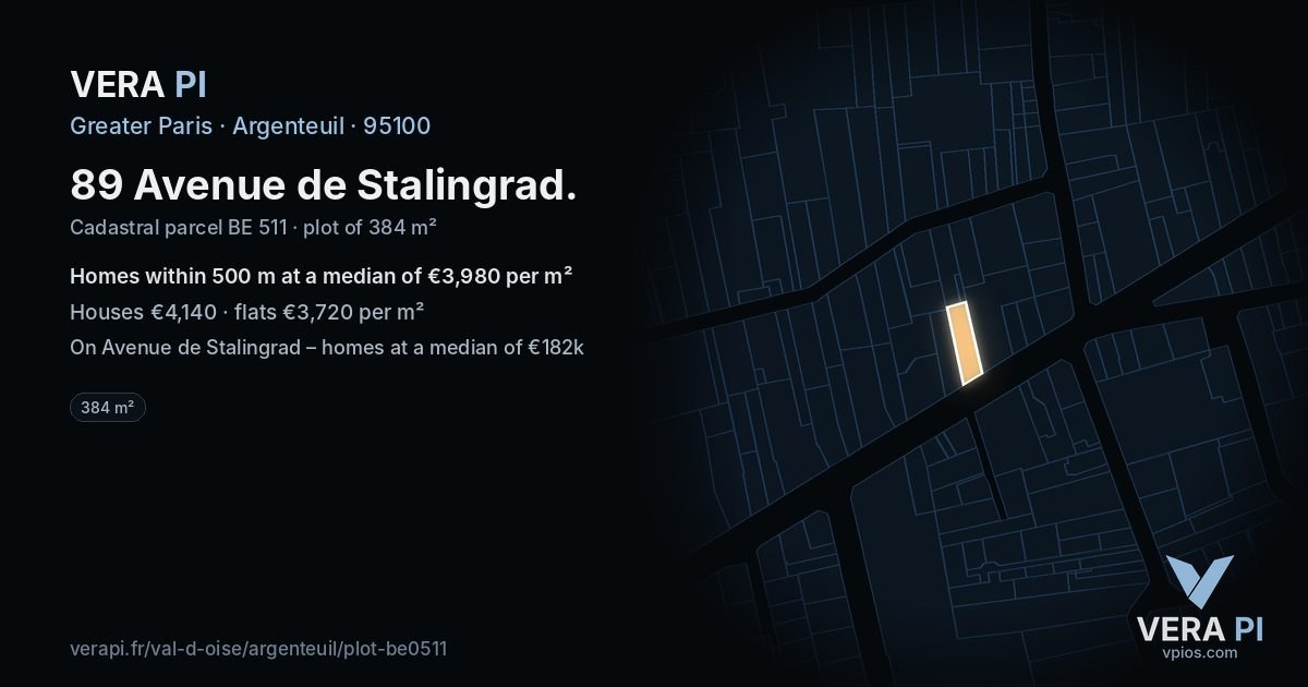 89 Avenue de Stalingrad, Argenteuil at night – the plot lit, the parcels around coloured by the prices near them