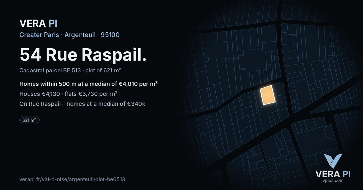 54 Rue Raspail, Argenteuil at night – the plot lit, the parcels around coloured by the prices near them