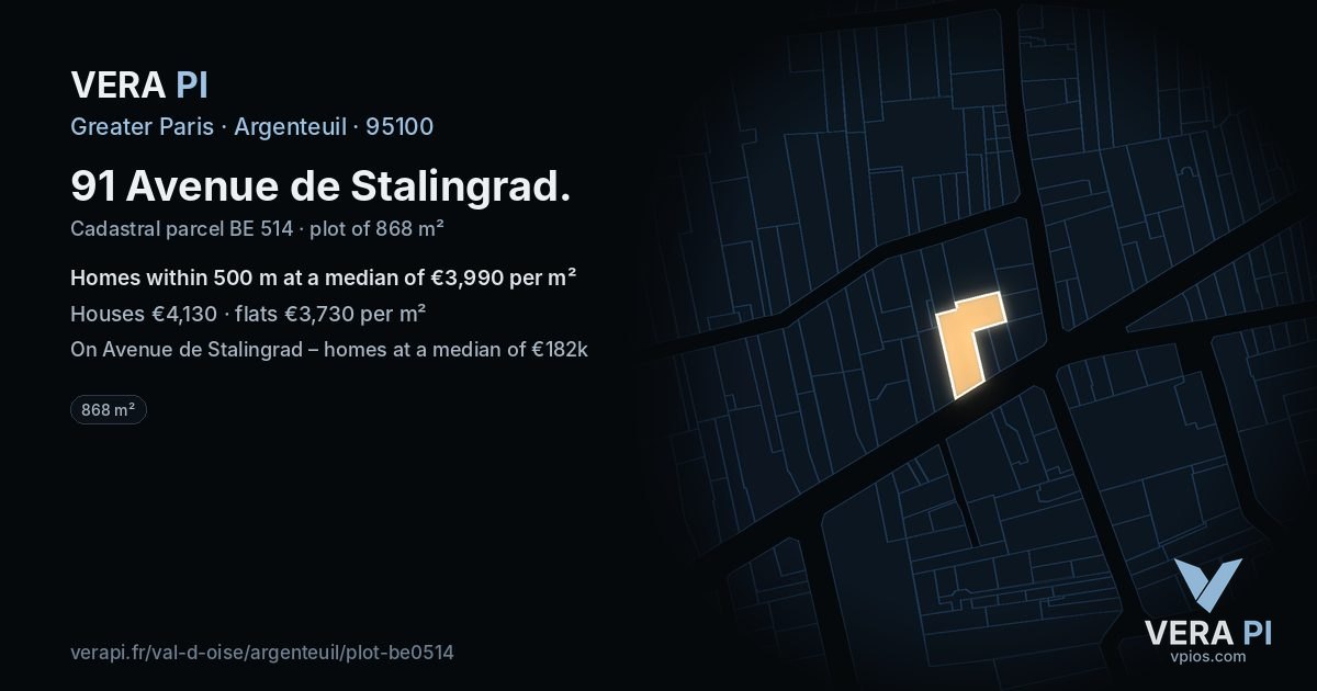 91 Avenue de Stalingrad, Argenteuil at night – the plot lit, the parcels around coloured by the prices near them