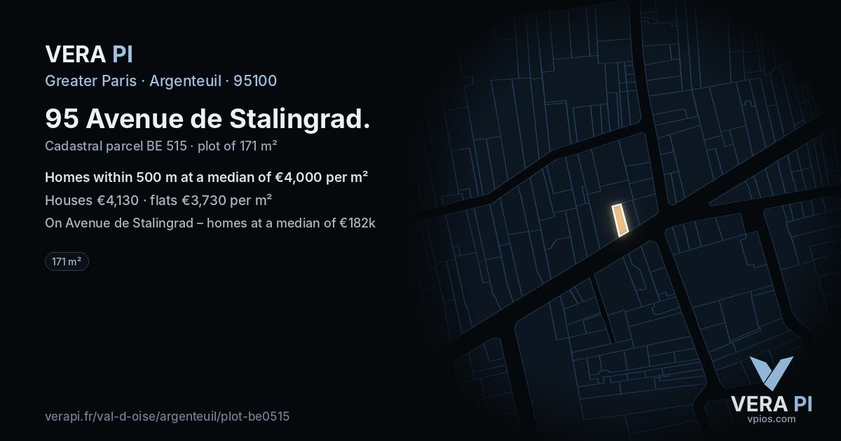 95 Avenue de Stalingrad, Argenteuil at night – the plot lit, the parcels around coloured by the prices near them