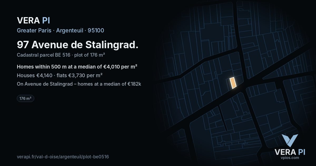 97 Avenue de Stalingrad, Argenteuil at night – the plot lit, the parcels around coloured by the prices near them