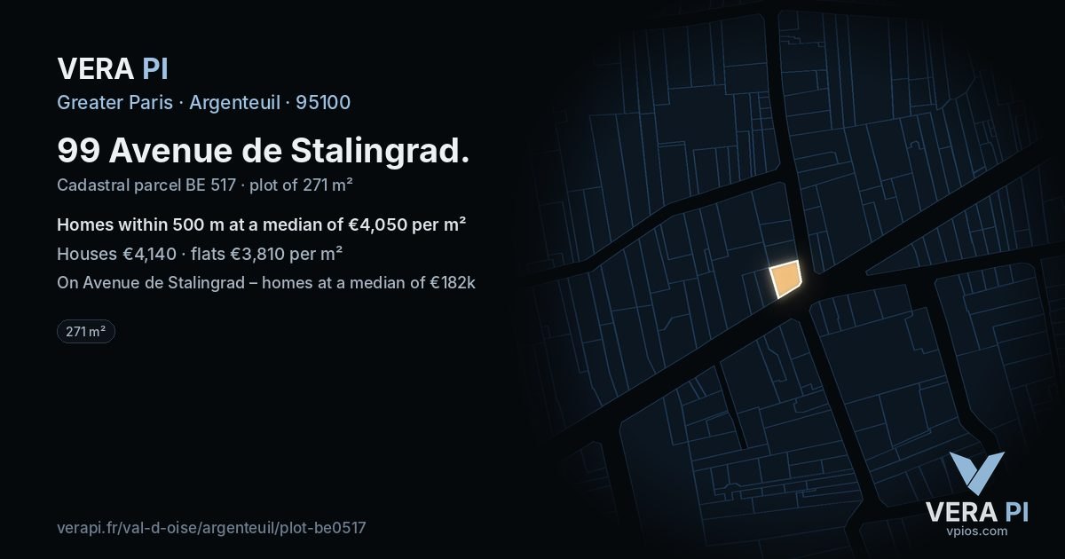 99 Avenue de Stalingrad, Argenteuil at night – the plot lit, the parcels around coloured by the prices near them