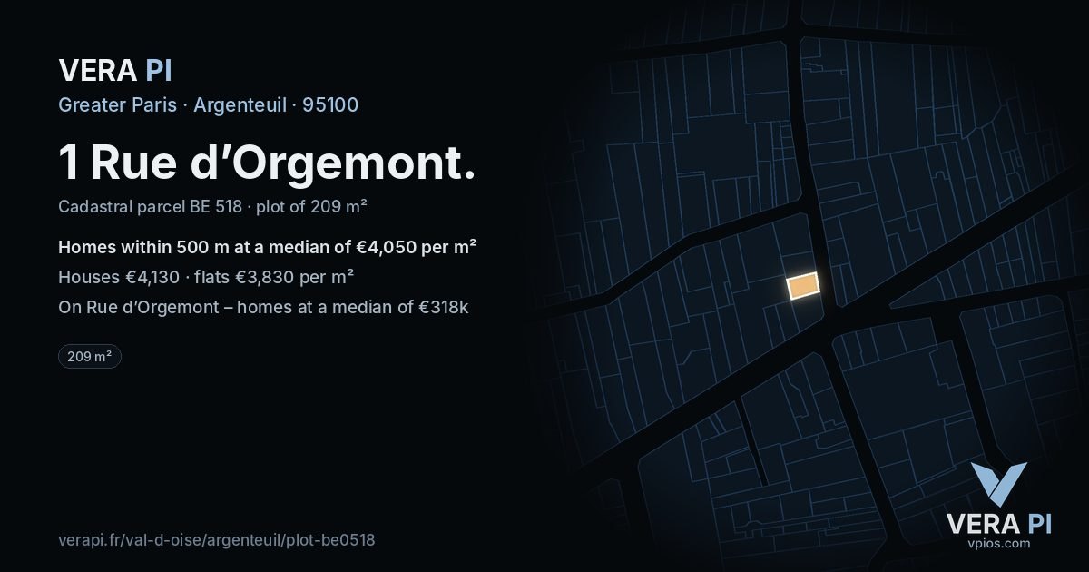 1 Rue d’Orgemont, Argenteuil at night – the plot lit, the parcels around coloured by the prices near them