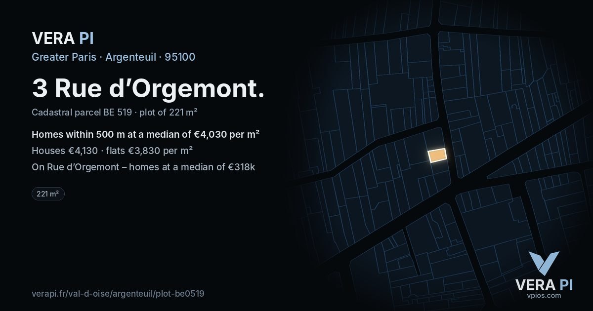 3 Rue d’Orgemont, Argenteuil at night – the plot lit, the parcels around coloured by the prices near them