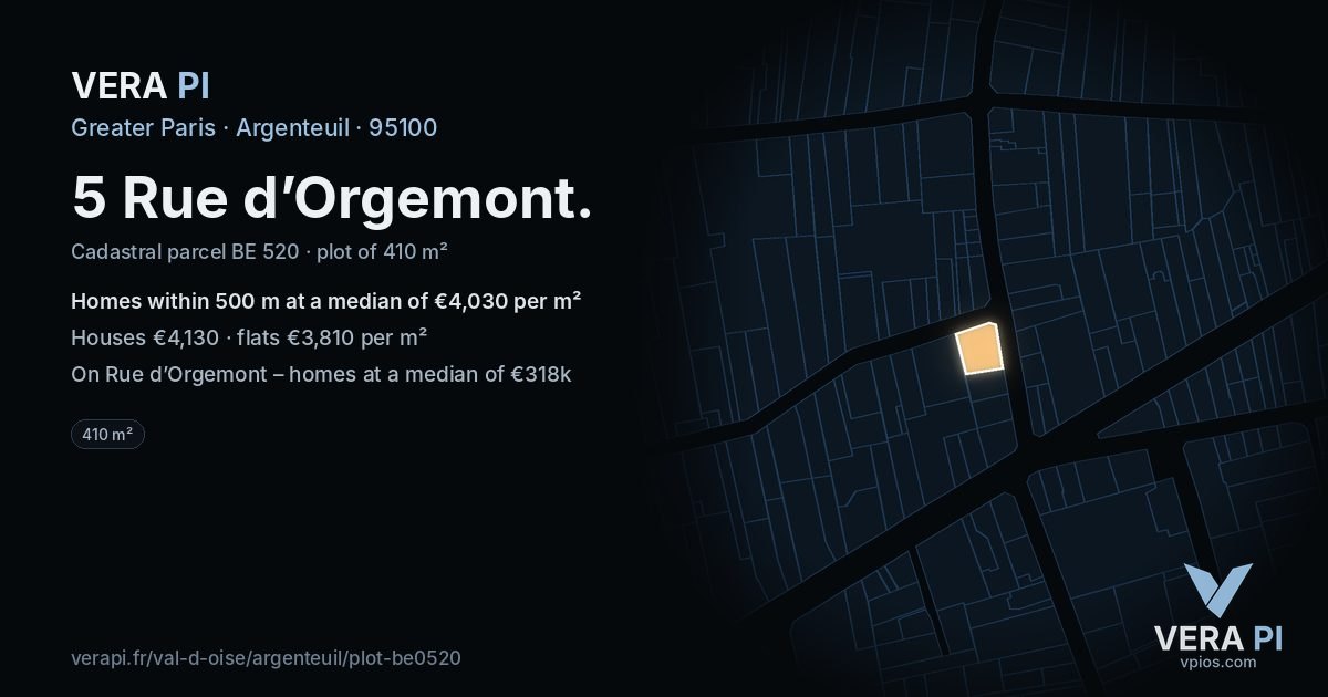 5 Rue d’Orgemont, Argenteuil at night – the plot lit, the parcels around coloured by the prices near them
