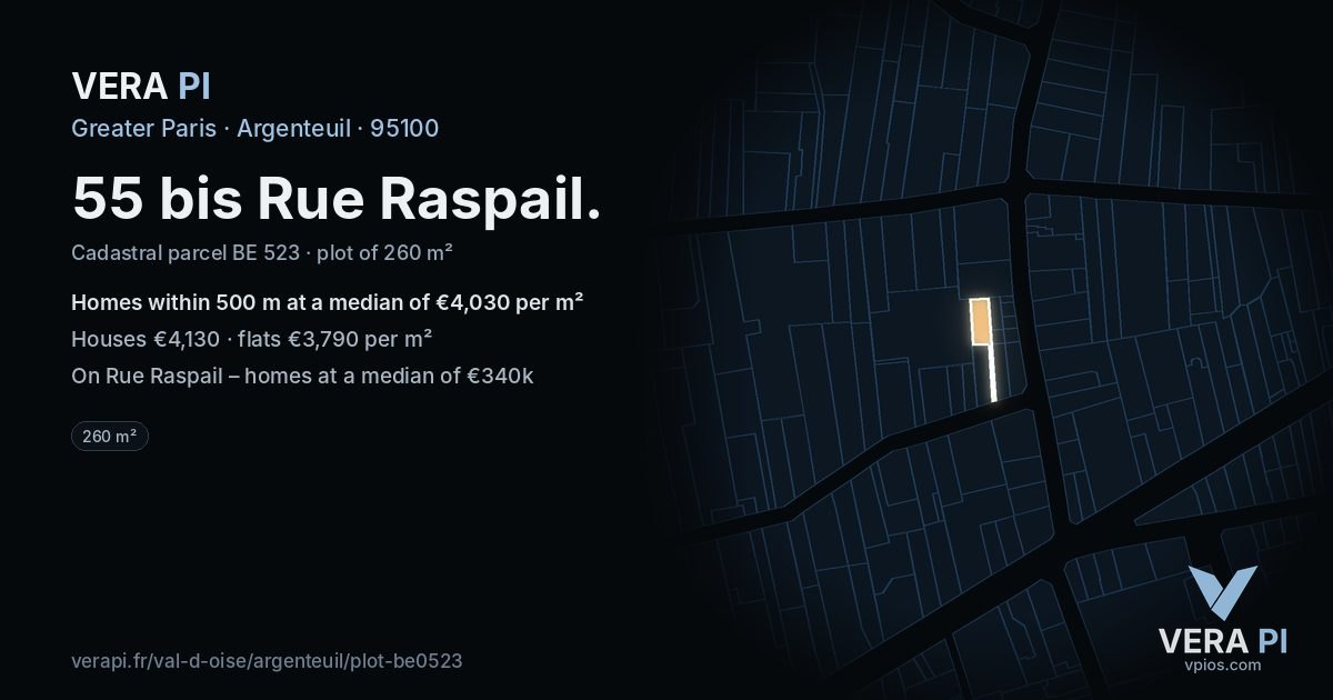 55 bis Rue Raspail, Argenteuil at night – the plot lit, the parcels around coloured by the prices near them