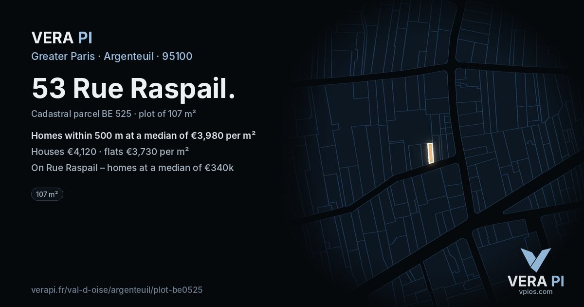 53 Rue Raspail, Argenteuil at night – the plot lit, the parcels around coloured by the prices near them
