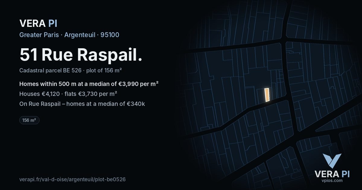51 Rue Raspail, Argenteuil at night – the plot lit, the parcels around coloured by the prices near them