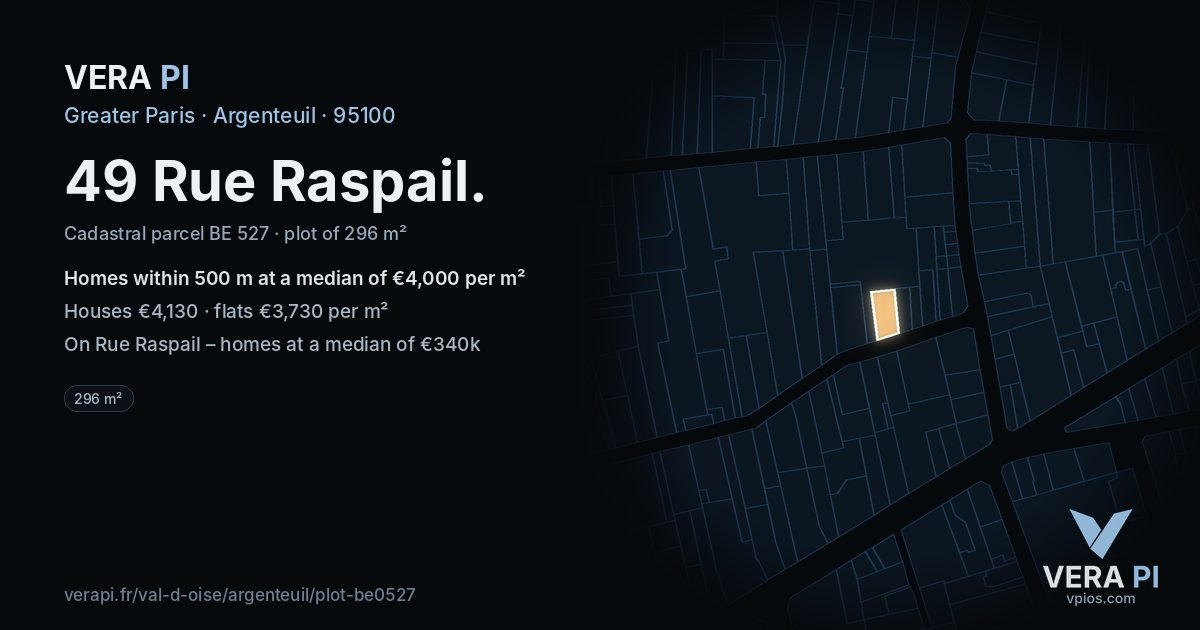 49 Rue Raspail, Argenteuil at night – the plot lit, the parcels around coloured by the prices near them