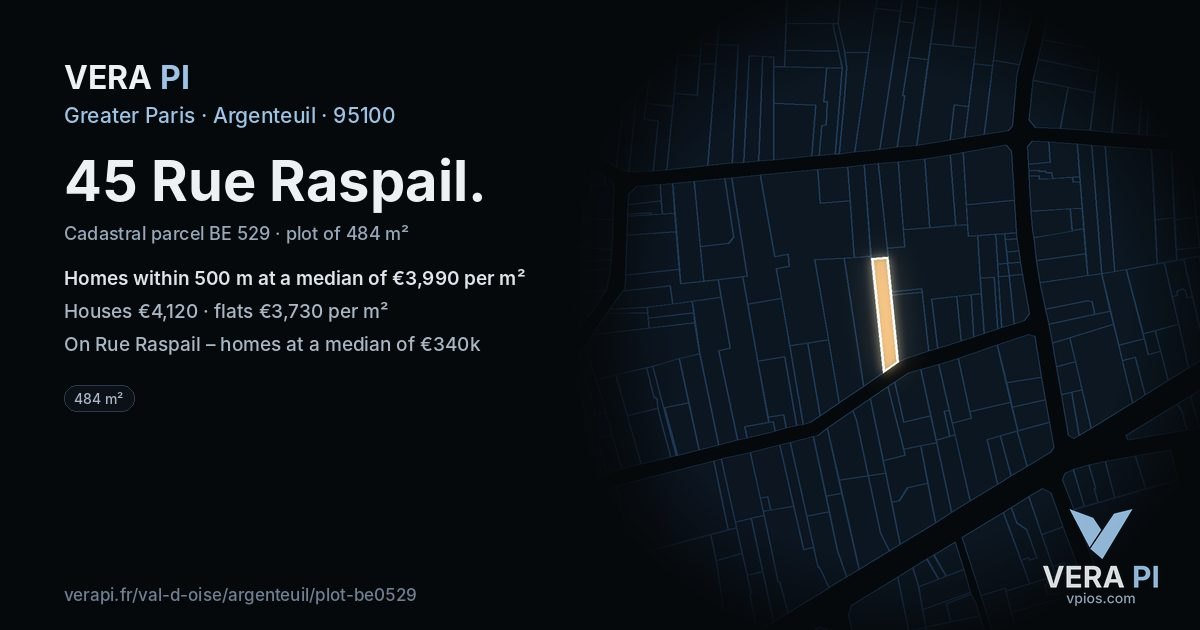 45 Rue Raspail, Argenteuil at night – the plot lit, the parcels around coloured by the prices near them