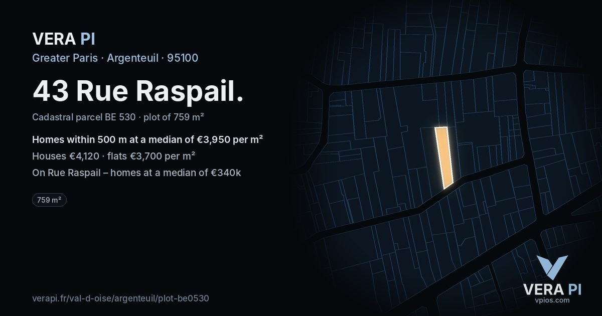43 Rue Raspail, Argenteuil at night – the plot lit, the parcels around coloured by the prices near them