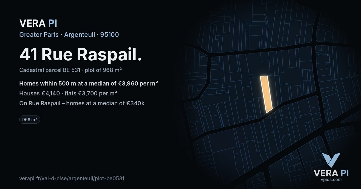 41 Rue Raspail, Argenteuil at night – the plot lit, the parcels around coloured by the prices near them