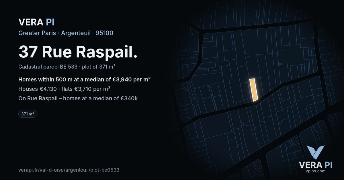 37 Rue Raspail, Argenteuil at night – the plot lit, the parcels around coloured by the prices near them