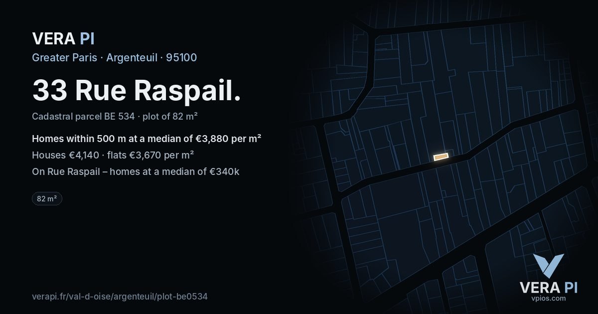 33 Rue Raspail, Argenteuil at night – the plot lit, the parcels around coloured by the prices near them