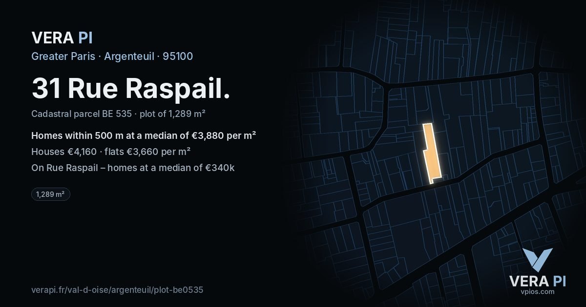 31 Rue Raspail, Argenteuil at night – the plot lit, the parcels around coloured by the prices near them