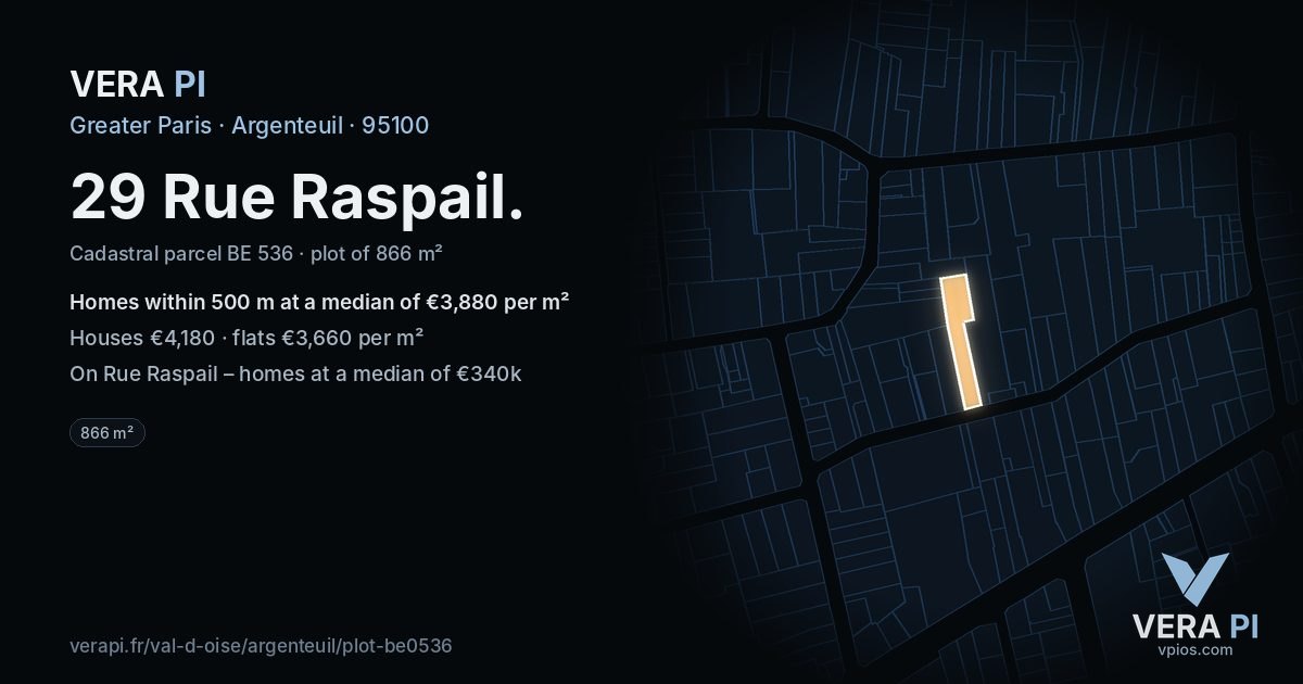 29 Rue Raspail, Argenteuil at night – the plot lit, the parcels around coloured by the prices near them