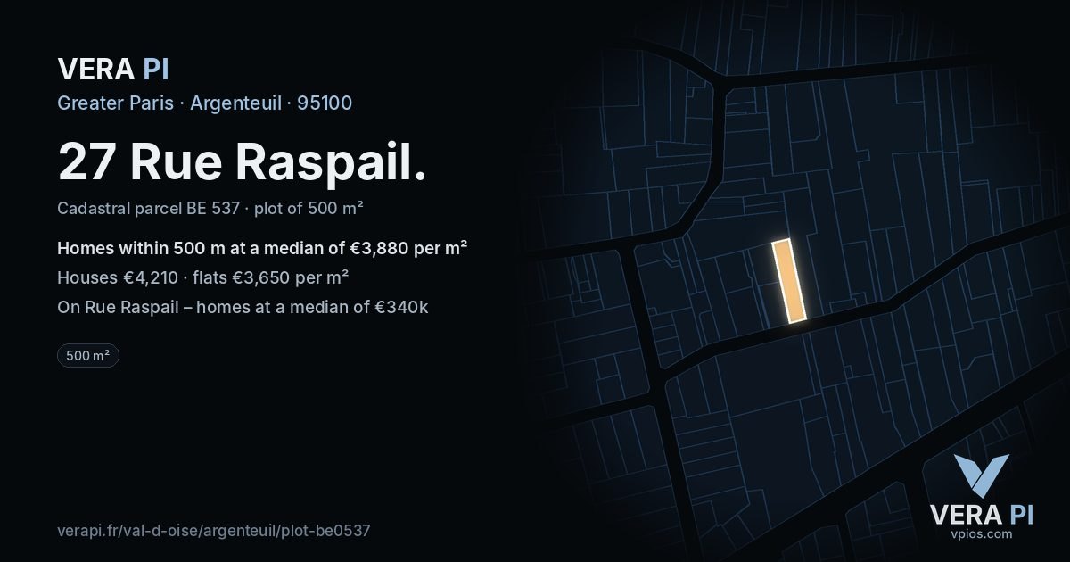 27 Rue Raspail, Argenteuil at night – the plot lit, the parcels around coloured by the prices near them